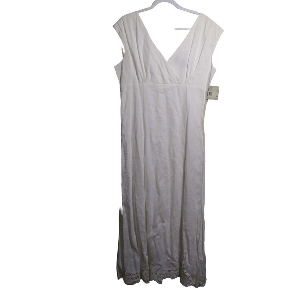 Liz Claiborne White Linen Midi Eyelet Trim Sleeveless Beachy Wedding Dress Sz 16